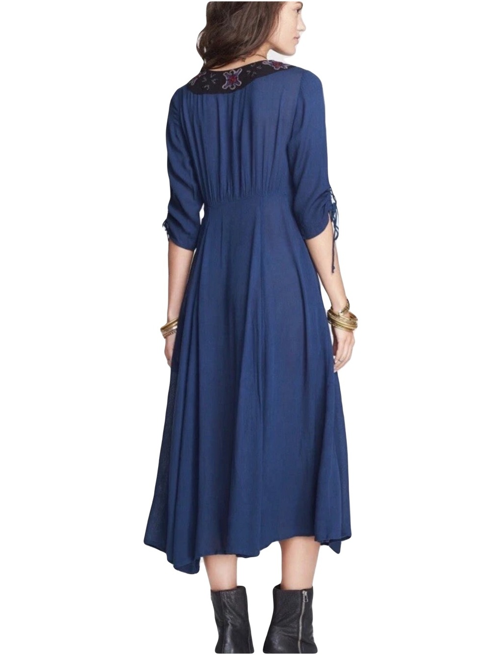 Free People Journey To Horizon maxi embroidered  v neck dark blue dress modest 6 - Picture 3 of 13
